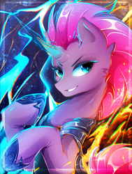 Size: 1816x2400 | Tagged: safe, artist:koveliana, character:tempest shadow, species:pony, species:unicorn, my little pony: the movie (2017), broken horn, chromatic aberration, color porn, eyestrain warning, female, looking at you, mare, smiling, solo