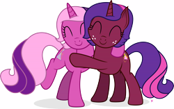 Size: 15947x10000 | Tagged: safe, artist:illumnious, oc, oc only, oc:aura midnight, oc:flares midnight, species:pony, species:unicorn, absurd resolution, duo, eyes closed, female, hug, mare, simple background, sisters, smiling, transparent background, vector