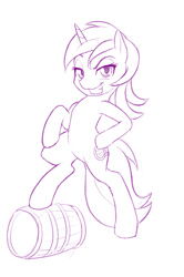 Size: 664x1000 | Tagged: safe, artist:dstears, character:lyra heartstrings, species:pony, species:unicorn, newbie artist training grounds, atg 2017, barrel, bipedal, female, grin, looking at you, mare, monochrome, simple background, smiling, solo, white background