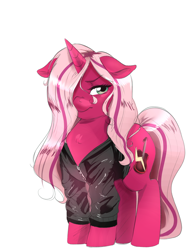 Size: 2344x3125 | Tagged: safe, artist:mrscurlystyles, oc, oc only, oc:pynk hyde, species:pony, species:unicorn, clothing, commission, cute, female, floppy ears, guitaristpone, hair over one eye, hater, jacket, mare, pink coat, rocker, simple background