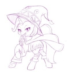 Size: 800x833 | Tagged: safe, artist:dstears, character:trixie, species:pony, species:unicorn, clothing, cosplay, costume, dress, female, grayscale, hat, konosuba, looking at you, mare, megumin, monochrome, simple background, skirt, smiling, solo, white background