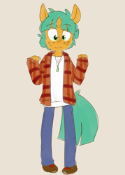 Size: 2500x3500 | Tagged: safe, artist:kryptchild, character:snails, species:anthro, clothing, cute, diasnails, female, glitter shell, grunge, jeans, jewelry, necklace, pants, plaid, plaid shirt, shirt, shoes, simple background, smiling, solo, trans female, transgender, undershirt