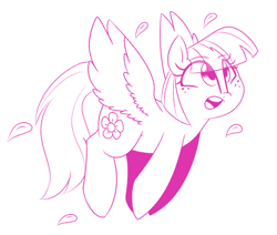 Size: 1431x1212 | Tagged: safe, artist:notenoughapples, character:blossomforth, species:pegasus, species:pony, female, flying, monochrome, open mouth, simple background, solo, white background