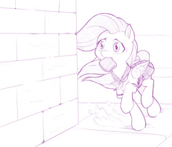 Size: 800x687 | Tagged: safe, artist:dstears, character:fluttershy, species:pony, newbie artist training grounds, atg 2017, bread, clothing, female, food, monochrome, mouth hold, running, school uniform, schoolgirl toast, solo, toast