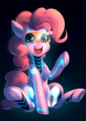 Size: 990x1400 | Tagged: safe, artist:bakki, character:pinkie pie, species:pony, commission, cyborg, female, frog (hoof), glow, gradient background, looking at you, open mouth, ponkbot, robot, robot pony, sitting, smiling, solo, spread legs, spreading, underhoof, visor, waving