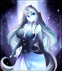 Size: 2005x2313 | Tagged: safe, artist:koveliana, oc, oc only, oc:solus, species:anthro, species:pony, species:unicorn, anthro oc, breasts, chest fluff, chromatic aberration, clothing, commission, dress, evening gloves, female, fingerless elbow gloves, fingerless gloves, gloves, long gloves, mare, smiling, solo, ych result