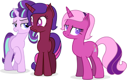 Size: 8313x5231 | Tagged: safe, artist:illumnious, character:starlight glimmer, oc, oc:aura midnight, oc:flares midnight, species:pony, absurd resolution, female, lidded eyes, mare, simple background, smiling, transparent background, trio, vector