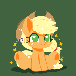 Size: 1536x1536 | Tagged: safe, artist:snow angel, character:applejack, species:earth pony, species:pony, chibi, clothing, cowboy hat, cute, female, freckles, green background, hat, heart, heart eyes, hoof heart, jackabetes, mare, no pupils, simple background, smiling, solo, stetson, underhoof, wingding eyes