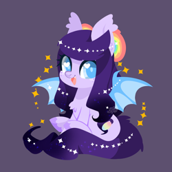 Size: 1024x1024 | Tagged: safe, artist:snow angel, oc, oc only, oc:iridescent opaline, species:bat pony, species:pony, art trade, bat pony oc, chibi, cute, female, heart eyes, looking at you, mare, ocbetes, open mouth, purple background, simple background, sitting, smiling, solo, wingding eyes