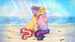 Size: 1024x576 | Tagged: safe, artist:lupiarts, character:sunset shimmer, character:twilight sparkle, character:twilight sparkle (alicorn), character:twilight sparkle (scitwi), species:alicorn, species:pony, ship:scitwishimmer, ship:sunsetsparkle, beach, commission, equestria girls ponified, eyes closed, female, glasses, lesbian, mare, missing cutie mark, neck hug, ocean, ponified, sand, scitwilicorn, shipping, smiling