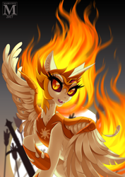Size: 900x1273 | Tagged: safe, artist:margony, character:daybreaker, character:princess celestia, species:alicorn, species:pony, episode:a royal problem, g4, my little pony: friendship is magic, female, fire, helmet, looking at you, majestic, mane of fire, mare, open mouth, smiling, solo