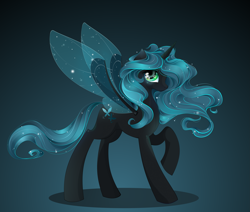 Size: 4817x4079 | Tagged: safe, artist:xsatanielx, rcf community, character:queen chrysalis, species:alicorn, species:changeling, species:pony, species:reformed changeling, absurd resolution, alternate universe, dark, female, gradient background, green background, hybrid, insect wings, looking at you, mare, raised hoof, smiling, solo, spread wings, wings