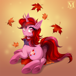 Size: 1206x1200 | Tagged: safe, artist:margony, oc, oc only, species:pony, species:unicorn, autumn, clothing, female, leaf, looking back, mare, plot, scarf, smiling, solo