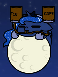 Size: 1350x1800 | Tagged: safe, artist:flutterluv, character:princess luna, species:alicorn, species:pony, series:flutterluv's full moon, chibi, clothing, coffee, cute, drinking, drinking hat, female, floppy ears, full moon, hat, luna found the coffee, lunabetes, mare, moon, night, solo, tangible heavenly object