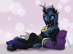 Size: 3392x2509 | Tagged: safe, artist:arctic-fox, oc, oc only, oc:evening breeze, species:changeling, armor, changeling oc, featureless crotch, horseshoes, male, night guard, piercing, pinup, pose, royal guard, smiling, solo, torn ear