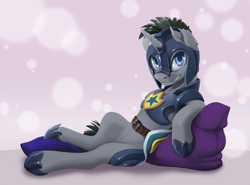 Size: 2000x1479 | Tagged: safe, alternate version, artist:arctic-fox, oc, oc only, oc:evening breeze, species:pony, species:unicorn, armor, featureless crotch, horseshoes, male, night guard, pinup, pose, royal guard, smiling, solo, torn ear