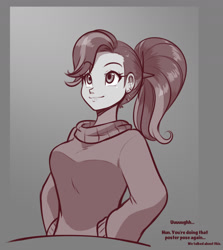 Size: 1602x1800 | Tagged: safe, artist:scorpdk, character:starlight glimmer, species:human, breasts, busty starlight glimmer, clothing, cute, ear piercing, female, glimmerbetes, humanized, monochrome, piercing, ponytail, simple background, smiling, solo, sweater
