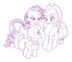 Size: 800x695 | Tagged: safe, artist:dstears, character:applejack, character:rarity, species:earth pony, species:pony, species:unicorn, ship:rarijack, background pony, clothing, cowboy hat, fanart, female, filly, friendship journal, hat, lesbian, lip bite, mare, monochrome, mouth hold, saddle bag, shipper on deck, shipping, simple background, stetson, varying degrees of want, white background