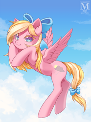 Size: 800x1075 | Tagged: safe, artist:margony, artist:miioko, oc, oc only, oc:bay breeze, species:pegasus, species:pony, backbend, bow, collaboration, cute, female, flying, hair bow, looking at you, mare, sky, smiling, solo