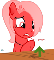 Size: 1999x2225 | Tagged: safe, artist:arifproject, oc, oc only, oc:downvote, species:pony, derpibooru, derpibooru ponified, dialogue, disgusted, eww, meta, ponified, ponytail, simple background, solo, table, transparent background, upvote, vector
