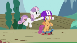 Size: 992x558 | Tagged: safe, artist:capnpea, edit, edited screencap, screencap, character:scootaloo, character:sweetie belle, species:pegasus, species:pony, fimbriae, helmet, photoshop, scooter