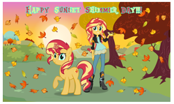 Size: 2544x1520 | Tagged: safe, artist:andoanimalia, character:ray, character:sunset shimmer, species:pony, species:unicorn, my little pony:equestria girls, autumn, clothing, cute, fall equinox, female, grin, happy, jacket, leather jacket, leaves, leopard gecko, mare, pants, ponidox, pun, raised hoof, ray, self ponidox, shimmerbetes, smiling, sun, sunset, sunset shimmer day, sunshine shimmer, tree, visual gag