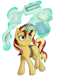 Size: 1350x1750 | Tagged: dead source, safe, artist:theshadowstone, character:sunset shimmer, species:pony, species:unicorn, book, female, levitation, magic, mare, paper, quill, simple background, solo, sunset shimmer day, telekinesis, transparent background