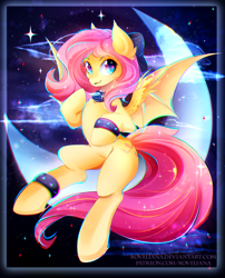 Size: 2169x2687 | Tagged: safe, artist:koveliana, character:flutterbat, character:fluttershy, species:bat pony, species:pony, bow, chromatic aberration, color porn, crescent moon, cute, eyestrain warning, female, hair bow, looking at you, mare, moon, race swap, shyabates, shyabetes, smiling, solo, transparent moon