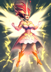 Size: 990x1400 | Tagged: safe, artist:bakki, character:daydream shimmer, character:sunset shimmer, my little pony:equestria girls, big breasts, breasts, busty sunset shimmer, cleavage, clothing, commission, daydream lifter, daydream shimmer, dragon ball z, dress, electricity, female, horn, muscles, open mouth, solo, sunset lifter, super saiyan, super saiyan 2
