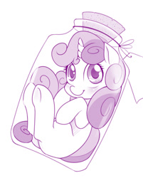 Size: 800x994 | Tagged: safe, artist:dstears, character:sweetie belle, species:pony, species:unicorn, cute, diasweetes, female, filly, jar, jar of pony, looking at you, monochrome, pony in a bottle, purple, simple background, solo, white background