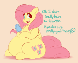 Size: 1861x1521 | Tagged: safe, artist:graphenescloset, character:fluttershy, species:pegasus, species:pony, adorafatty, belly, big belly, dialogue, fat, fattershy, food, large belly, large butt, looking at you, obese, open mouth, overweight, plot, popsicle, sitting