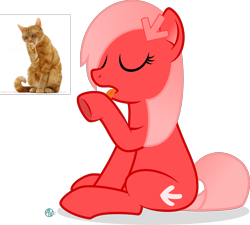 Size: 2000x1800 | Tagged: safe, artist:arifproject, oc, oc only, oc:downvote, species:pony, derpibooru, derpibooru ponified, behaving like a cat, cat, eyes closed, licking, meta, ponified, ponified animal photo, simple background, sitting, solo, tongue out, transparent background, vector