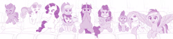 Size: 3488x800 | Tagged: safe, artist:dstears, character:apple bloom, character:applejack, character:fluttershy, character:pinkie pie, character:rainbow dash, character:rarity, character:scootaloo, character:spike, character:sweetie belle, character:twilight sparkle, character:twilight sparkle (alicorn), species:alicorn, species:dragon, species:earth pony, species:pegasus, species:pony, species:unicorn, candy, chair, cinema, clothing, cowboy hat, cute, cutealoo, cutie mark crusaders, diasweetes, female, filly, food, hat, jumping, male, mane seven, mane six, popcorn, sisters, soda, spread wings, wingboner, wings
