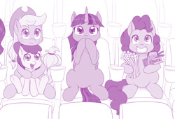 Size: 1176x800 | Tagged: safe, artist:dstears, character:apple bloom, character:applejack, character:pinkie pie, character:twilight sparkle, character:twilight sparkle (alicorn), species:alicorn, species:earth pony, species:pony, cinema, clothing, cowboy hat, female, food, hat, mare, monochrome, popcorn, sisters, starry eyes, wingding eyes