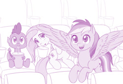 Size: 1176x800 | Tagged: safe, artist:dstears, character:fluttershy, character:rainbow dash, character:spike, species:dragon, species:pegasus, species:pony, cinema, drink, female, male, mare