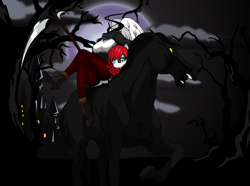 Size: 2150x1600 | Tagged: safe, artist:up1ter, oc, oc only, oc:air raid, species:anthro, anthro oc, clothing, crossed legs, dullahan, eyeshadow, female, garters, headless, high heels, horse, looking at you, makeup, modular, monster mare, monster pony, rule 63, scythe, shoes, socks, solo, stockings, thigh highs, ych result