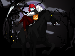 Size: 2150x1600 | Tagged: safe, artist:up1ter, oc, oc only, oc:air raid, species:anthro, anthro oc, clothing, crossed legs, dullahan, eyeshadow, female, garters, halloween, high heels, holiday, horse, jack-o-lantern, looking at you, makeup, pumpkin, rule 63, scythe, shoes, socks, solo, stockings, thigh highs
