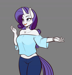 Size: 1735x1800 | Tagged: safe, artist:scorpdk, character:rarity, species:anthro, species:pony, species:unicorn, belly button, chest fluff, clothing, female, mare, midriff, short shirt, simple background, smiling, solo