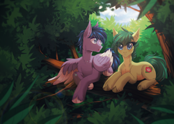 Size: 1266x900 | Tagged: safe, artist:margony, oc, oc only, species:earth pony, species:pegasus, species:pony, cloud, female, looking at you, male, mare, prone, sky, smiling, stallion, tree, tree branch