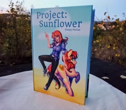 Size: 3963x3464 | Tagged: safe, artist:bakki, oc, oc only, oc:erin olsen, oc:sunflower, species:human, species:pony, fanfic:project sunflower, book, book cover, converse, fanfic, fanfic art, outdoors, physical copy, shoes