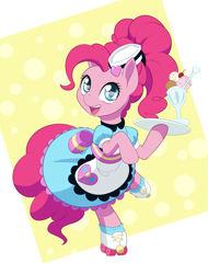 Size: 761x1000 | Tagged: safe, artist:dstears, character:pinkie pie, species:earth pony, species:pony, episode:coinky-dink world, eqg summertime shorts, g4, my little pony: equestria girls, bow, clothing, cute, diapinkes, dress, equestria girls ponified, female, food, hair bow, hat, ice cream, looking at you, mare, pinkie pie day, ponified, roller skates, server pinkie pie, skates, skating, smiling, solo, waitress
