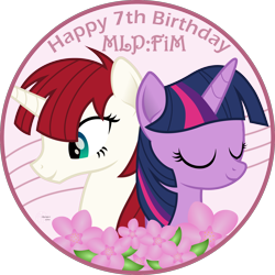 Size: 2000x2000 | Tagged: safe, artist:arifproject, character:twilight sparkle, oc, oc:fausticorn, species:alicorn, species:pony, species:unicorn, alicorn oc, arif's circle vector, bust, circle, duo, duo female, eyes closed, female, flower, happy birthday mlp:fim, inkscape, mlp fim's seventh anniversary, semi-transparent, simple background, smiling, transparent background, vector