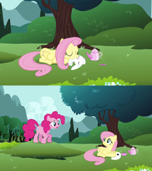 Size: 1280x1440 | Tagged: safe, artist:capnpea, edit, character:angel bunny, character:fluttershy, character:pinkie pie, ship:angelshy, episode:too many pinkie pies, g4, my little pony: friendship is magic, bestiality, caught, female, flutterzoo, interspecies, kissing, male, shipping, straight
