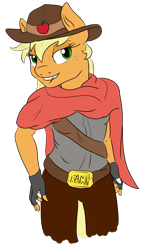 Size: 1077x1860 | Tagged: safe, artist:theshadowstone, character:applejack, species:anthro, clothing, costume, cowboy hat, female, freckles, hat, haystick, jesse mccree, mccreejack, overwatch, pants, simple background, solo, transparent background