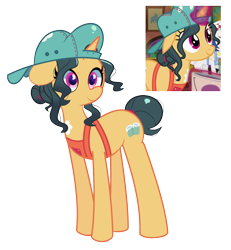 Size: 1200x1300 | Tagged: safe, artist:turtlefarminguy, character:fresh coat, species:pony, species:unicorn, apron, backwards ballcap, baseball cap, cap, clothing, floppy ears, hat, paint on fur, picture in picture, simple background, solo, transparent background
