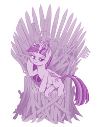 Size: 777x1000 | Tagged: safe, artist:dstears, character:twilight sparkle, character:twilight sparkle (alicorn), species:alicorn, species:pony, buster sword, female, final fantasy, final fantasy vii, frown, game of thrones, iron throne, keyblade, kill la kill, kingdom hearts, looking at you, mare, master sword, monochrome, new crown, purple, scissor blade, simple background, solo, sword, sword of omens, the legend of zelda, throne, throne slouch, thundercats, twilight is not amused, unamused, weapon, white background