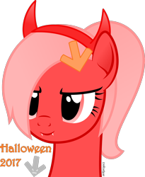 Size: 1826x2227 | Tagged: safe, artist:arifproject, oc, oc only, oc:downvote, species:pony, derpibooru, derpibooru ponified, bust, cute, cute little fangs, devil horns, fangs, halloween, holiday, meta, ponified, simple background, solo, transparent background