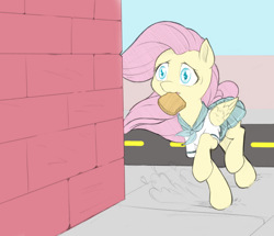 Size: 800x687 | Tagged: safe, artist:dstears, edit, character:fluttershy, species:pony, bread, clothing, color edit, colored, female, food, mouth hold, running, school uniform, schoolgirl toast, solo, toast