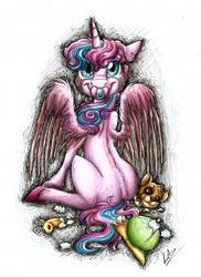 Size: 1813x2488 | Tagged: safe, artist:lupiarts, character:princess flurry heart, species:alicorn, species:pony, female, mare, my creepy pony, pacifier, solo, stuffing, teddy bear, torn, toy, whammy