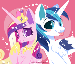 Size: 1000x849 | Tagged: safe, artist:snow angel, character:princess cadance, character:shining armor, species:alicorn, species:pony, species:unicorn, ship:shiningcadance, blep, blush sticker, blushing, chest fluff, colored pupils, cute, cutedance, ear fluff, featured on derpibooru, female, heart, heart background, heart eyes, husband and wife, jewelry, lidded eyes, looking at you, male, mare, pink background, raised hoof, regalia, shining adorable, shipping, signature, silly, simple background, smiling, sparkles, stallion, starry eyes, straight, sweet dreams fuel, tongue out, wing fluff, wingding eyes
